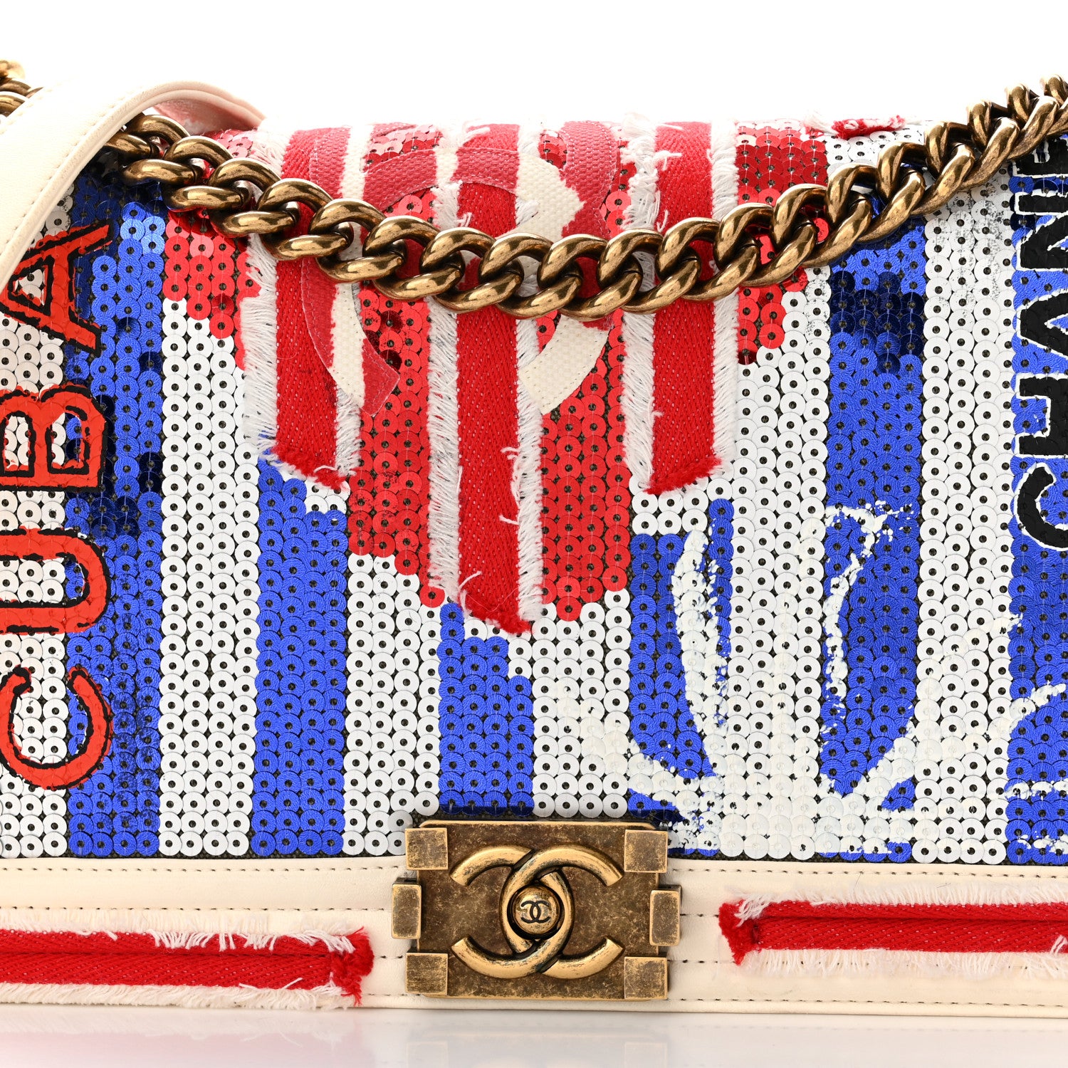 Chanel Sequin Canvas New Medium Cuba Boy Flap White Blue Red 8 of 10