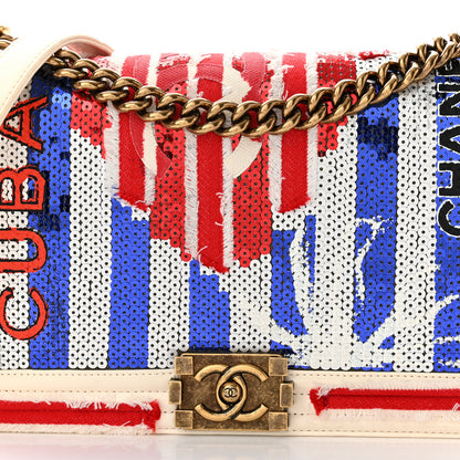Chanel Sequin Canvas New Medium Cuba Boy Flap White Blue Red 8 of 10