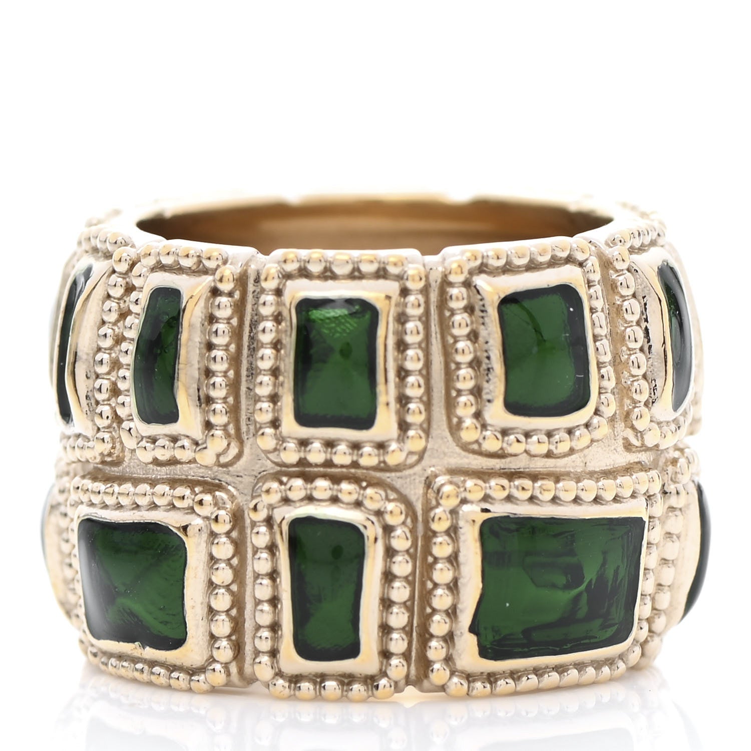 Chanel Poured Glass CC Ring 6.75 Green Gold 3 of 5