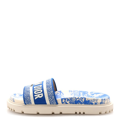 Christian Dior Canvas Fluo Toile de Jouy Embroidered Dway 10mm Slide Sandals 37.5 White Blue 1 of 10