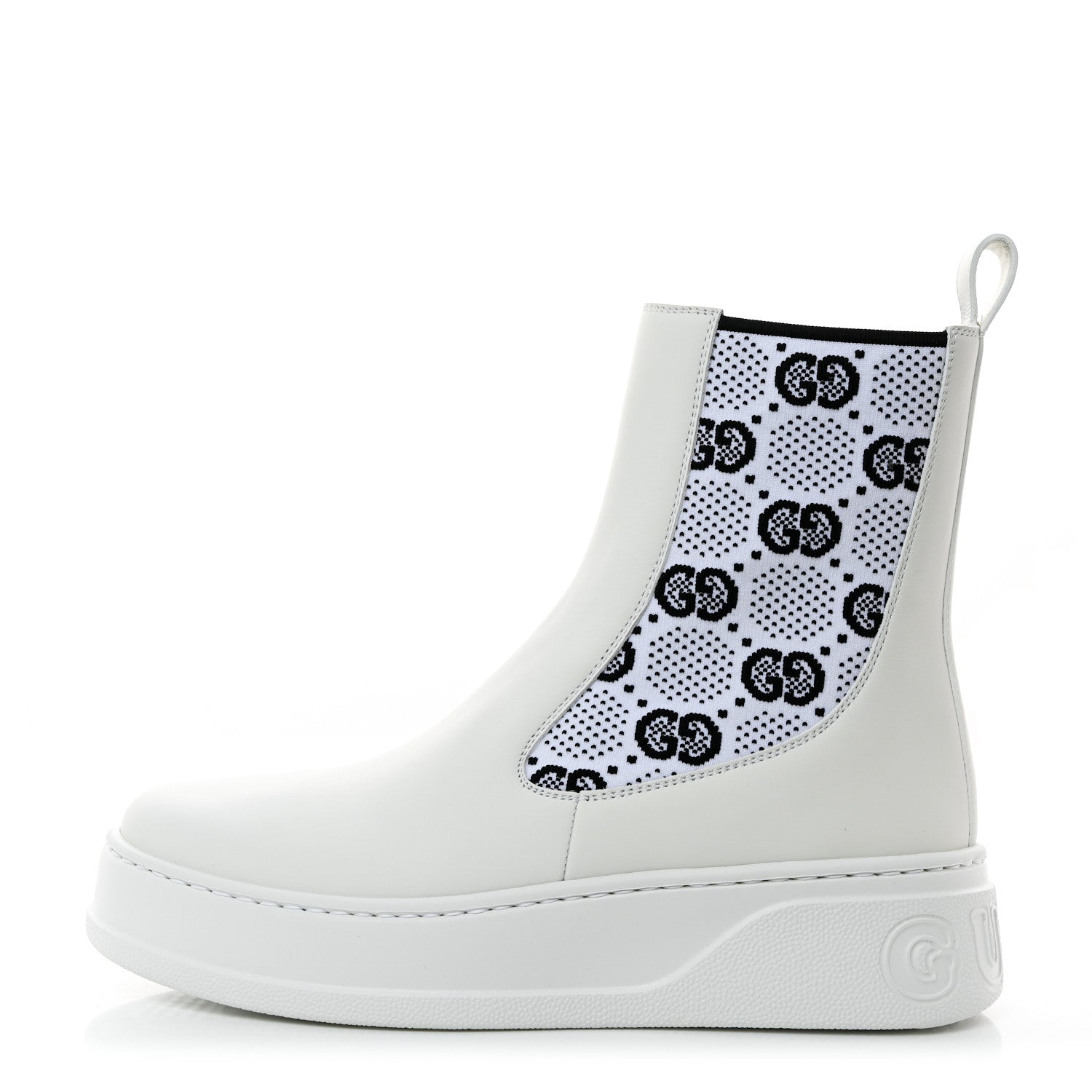 Gucci Dali Soft Calfskin Technical Jersey Knit GG Monogram Ankle Boots 38 White Great White Black 1 of 9