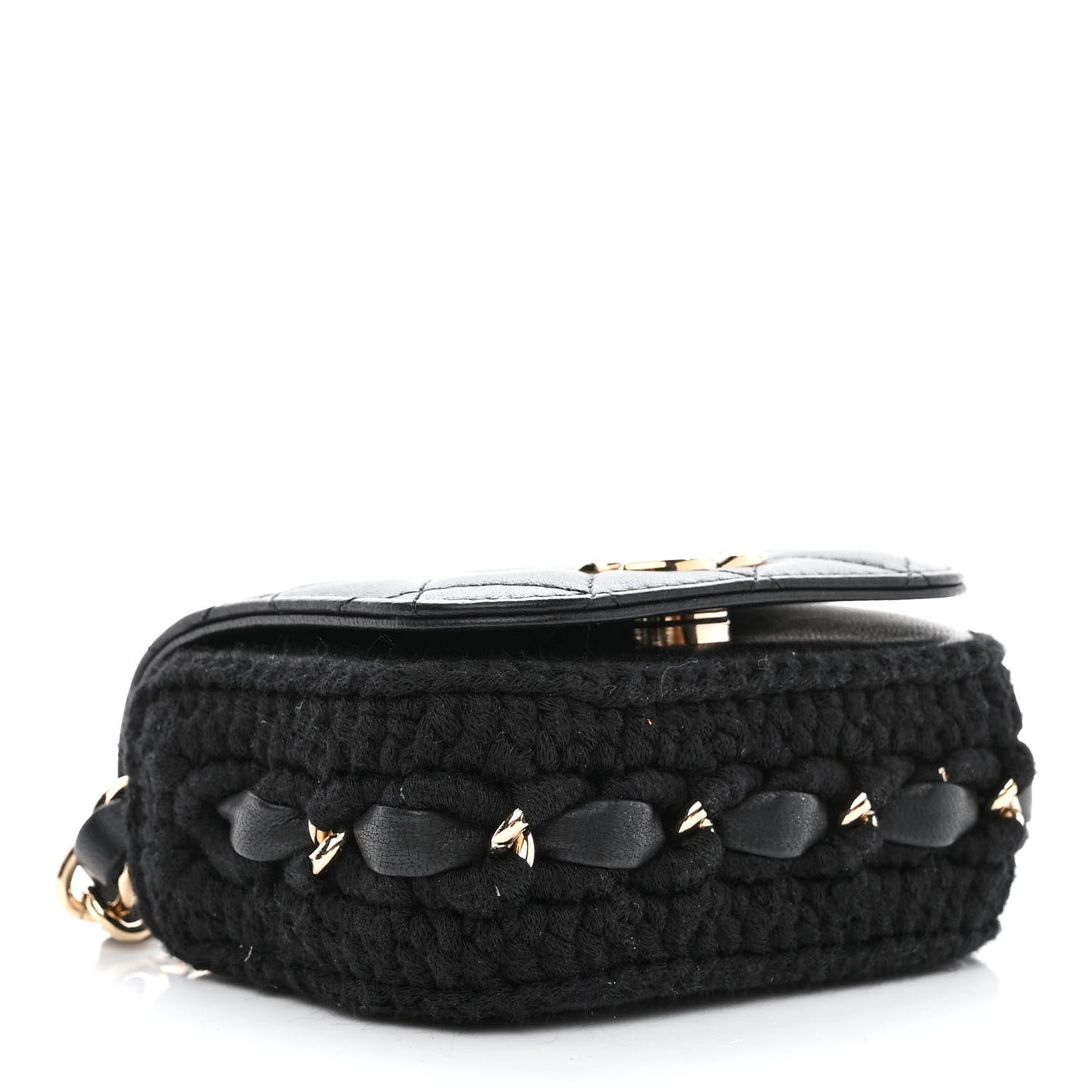 Calfskin Crochet Embroidered Quilted Mini Clutch with Chain Black