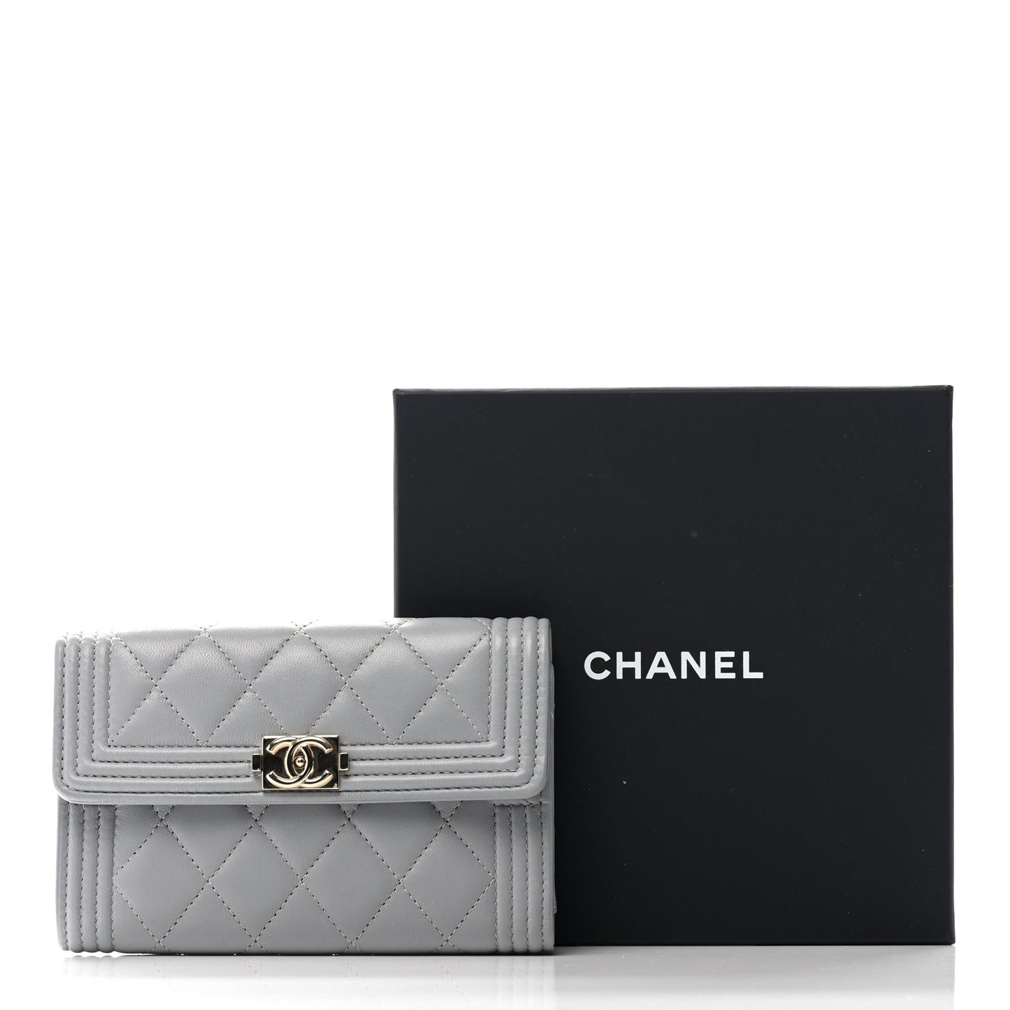Lambskin Quilted Medium Boy Flap Wallet Grey