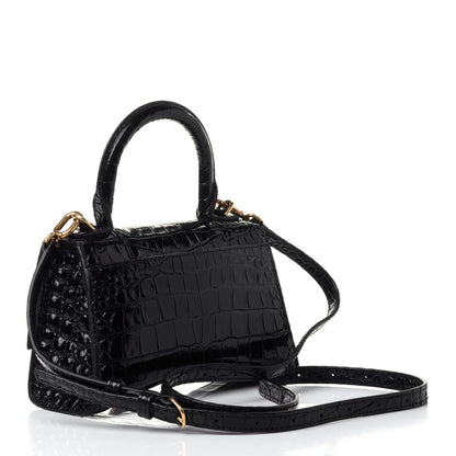 Balenciaga Shiny Calfskin Crocodile Embossed Hourglass Top Handle Bag XS Black 2 of 4