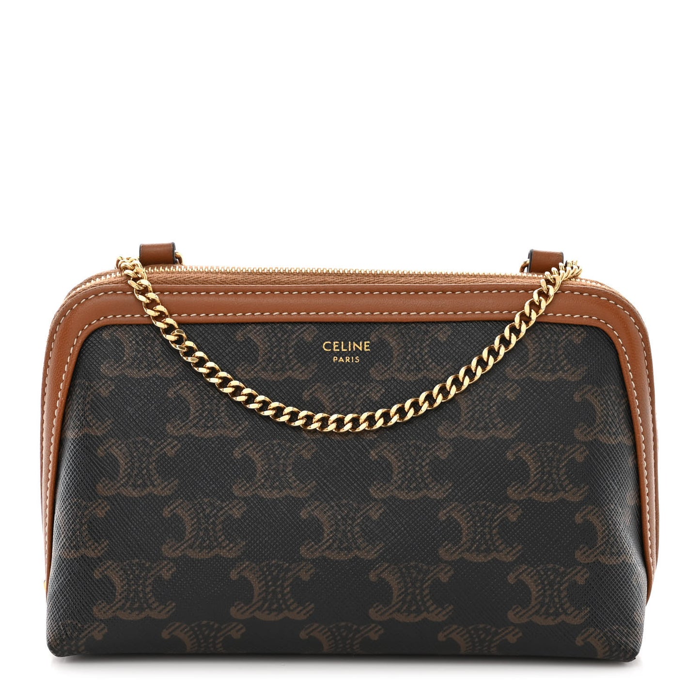 Triomphe Canvas Lambskin Clutch On Chain Tan