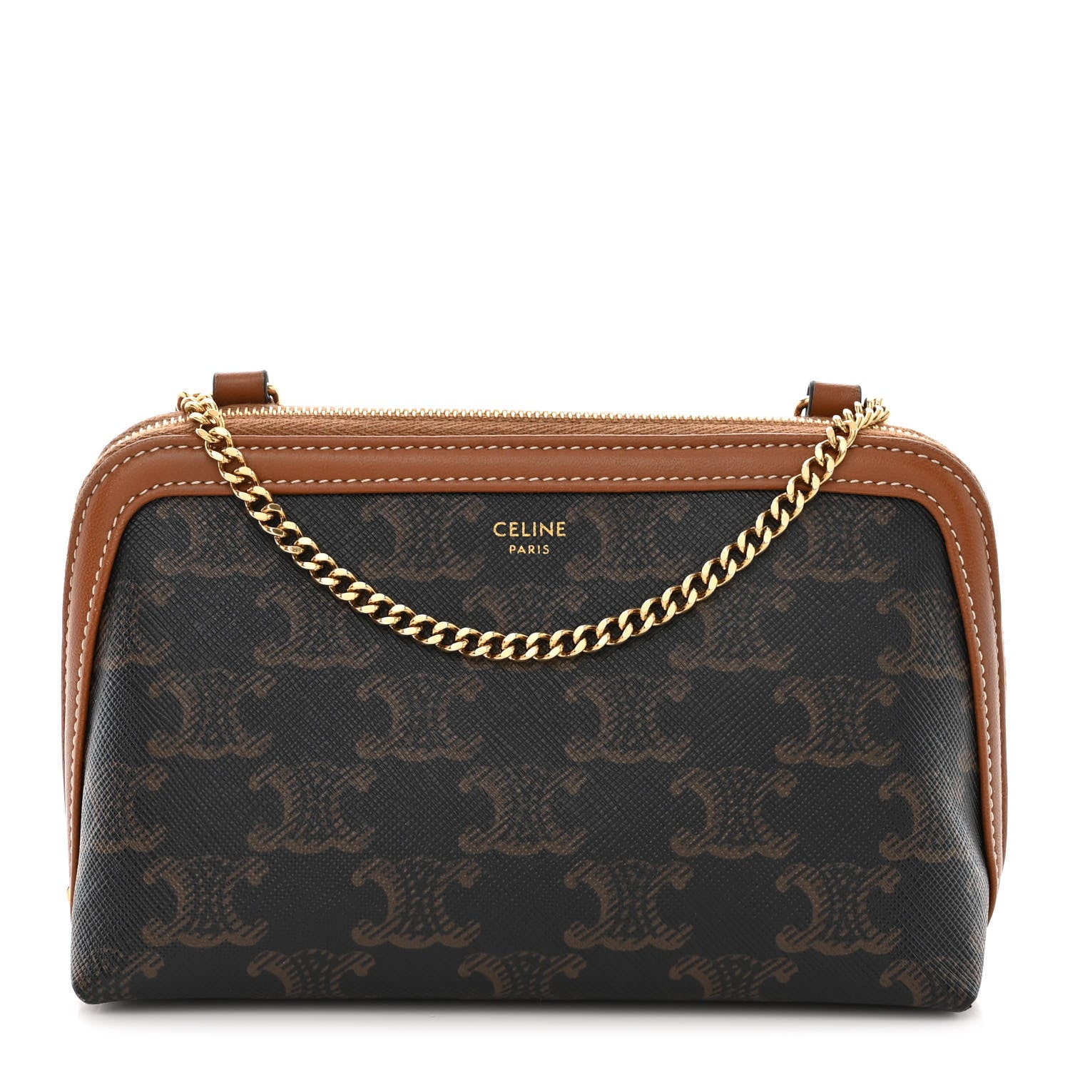 Celine Triomphe Canvas Lambskin Clutch On Chain Tan 1 of 11