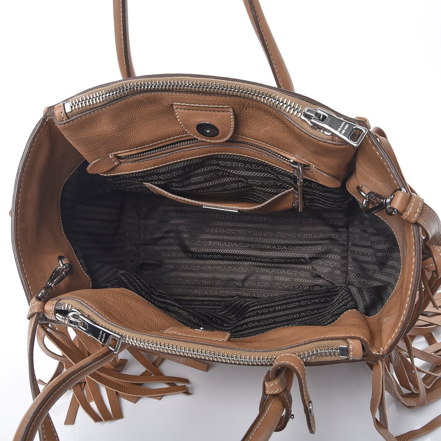 Glace Calf Twin Pocket Fringe Tote Caramel
