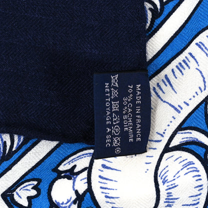 Hermes Cashmere Silk Bride De Cour Remix Shawl 140 Bleu Marine Cobalt Gold 5 of 5