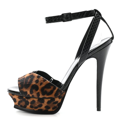 Saint Laurent Pony Hair Leopard Print Tribute 105 Platform Sandals 37.5 Naturale 1 of 7