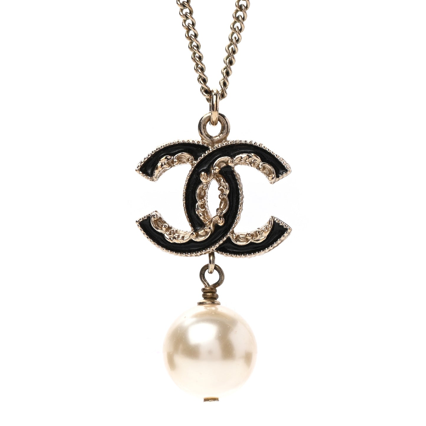 Pearl Enamel CC Drop Necklace Gold