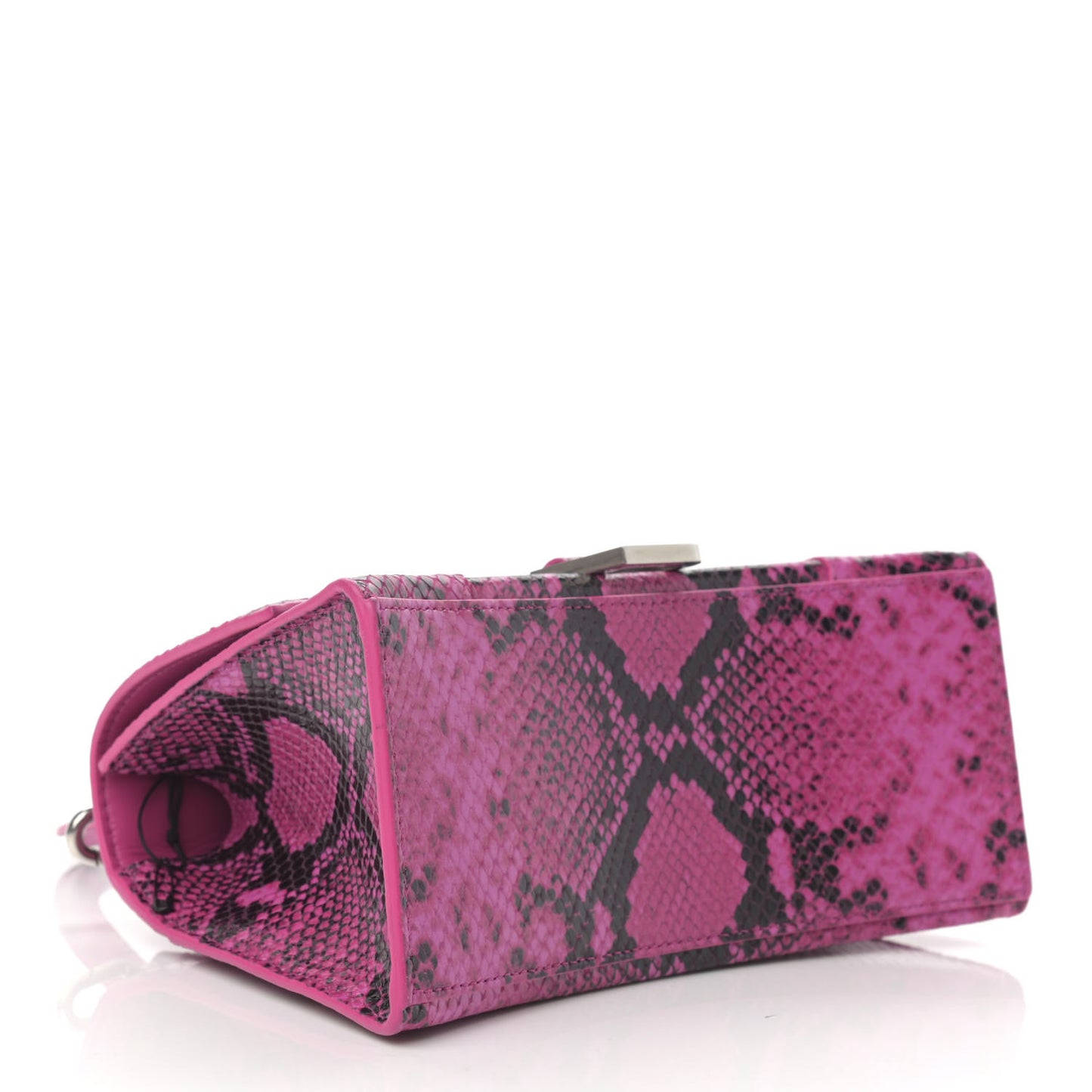Shiny Calfskin Python Effect Small Hourglass Top Handle Bag Fuchsia Black