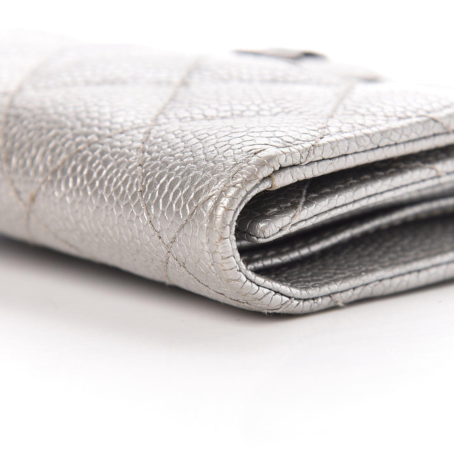 Metallic Caviar Quilted Compact Flap Wallet Silver