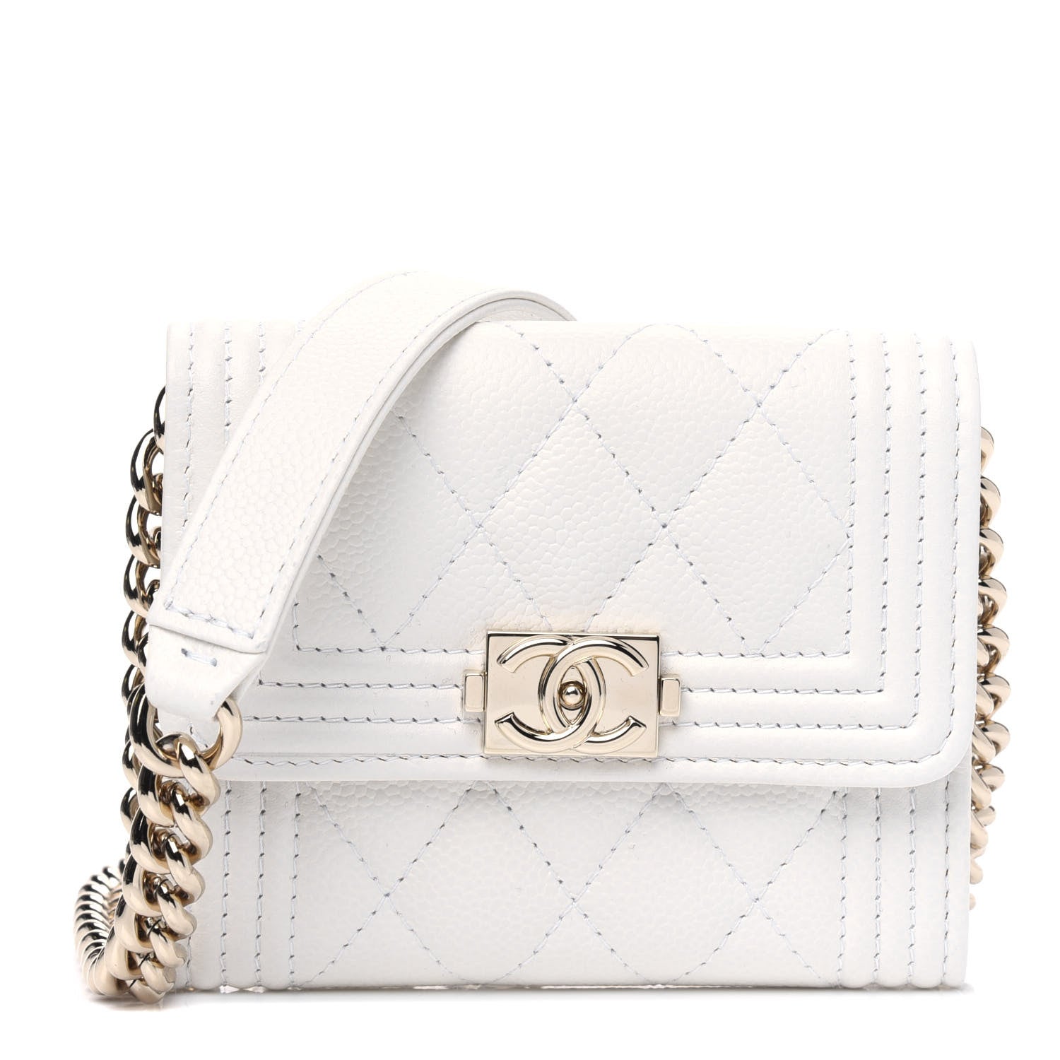 Chanel Caviar Quilted Boy Card Holder On Chain White 1 of 6