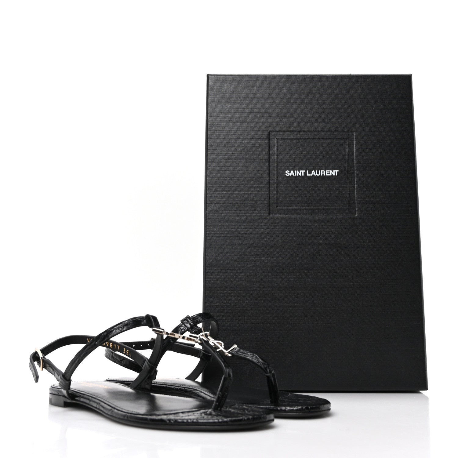 Saint Laurent Calfskin Crocodile Embossed Cassandra Monogram Sandals 35.5 Black 10 of 10