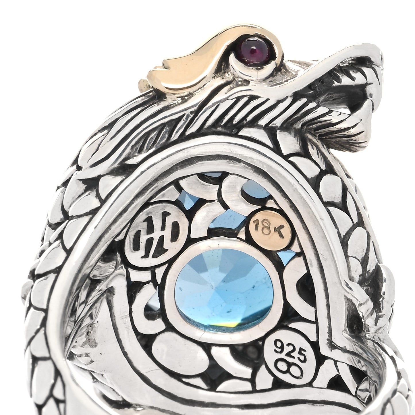 Sterling Silver 18K Yellow Gold Diamond Blue Topaz Ruby Naga Dragon Ring 55 7.25