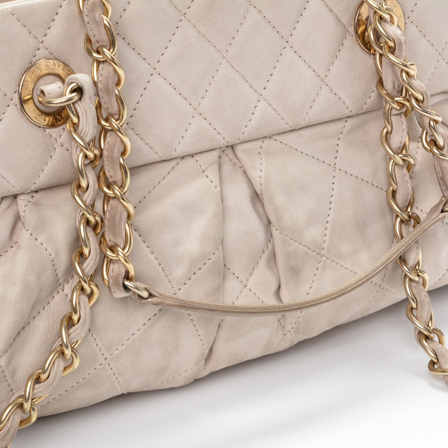 Iridescent Calfskin Chic Quilt Bowling Bag White