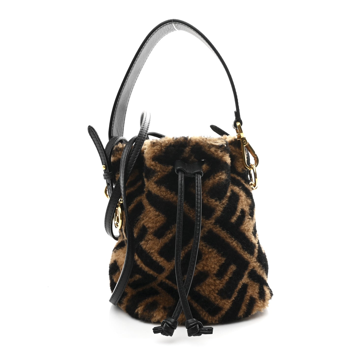 Shearling Vitello Dolce F is Fendi Macro FF 1974 Mini Mon Tresor Bucket Bag Tobacco Black