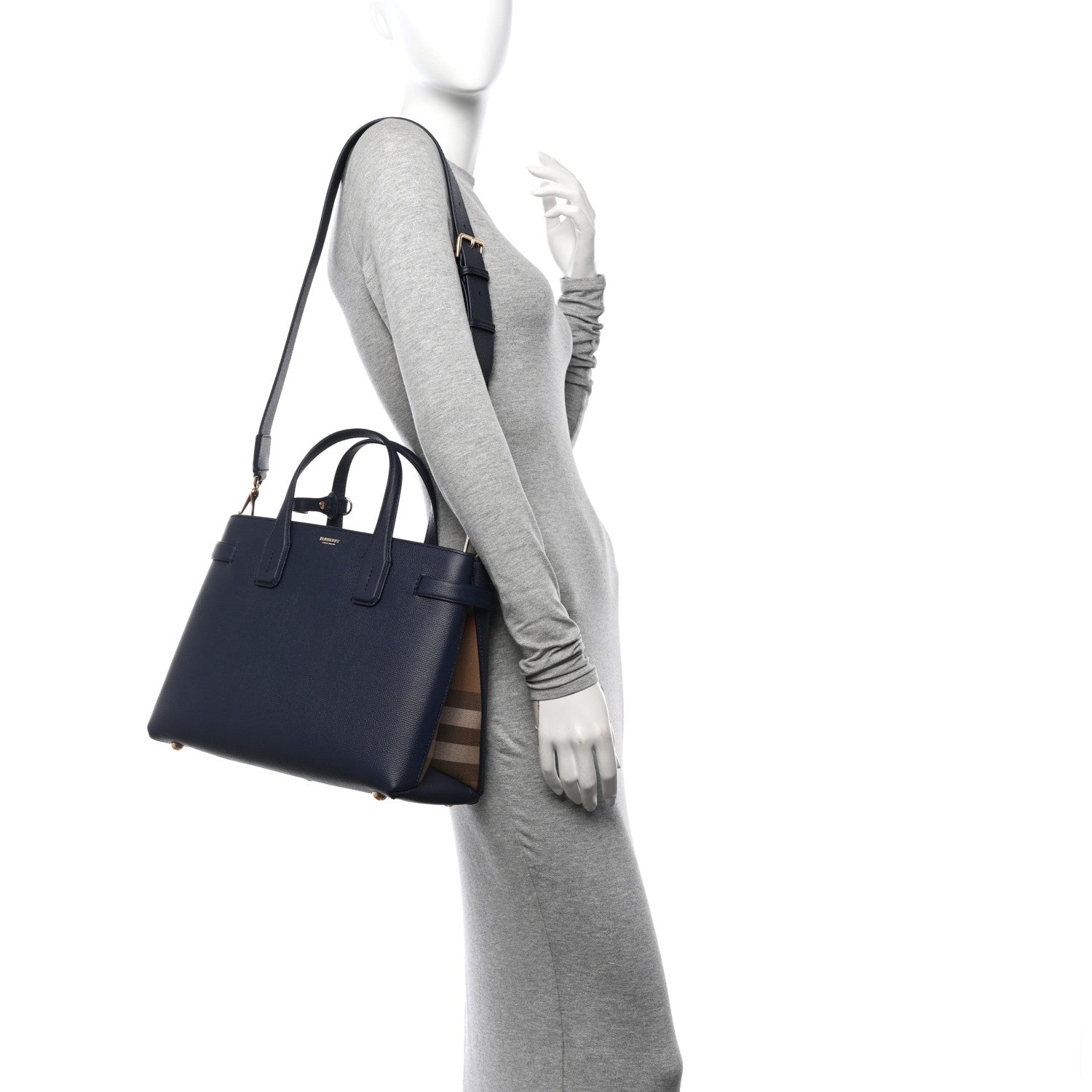 Burberry Grainy Calfskin House Check Medium Banner Tote Regency Blue 2 of 12