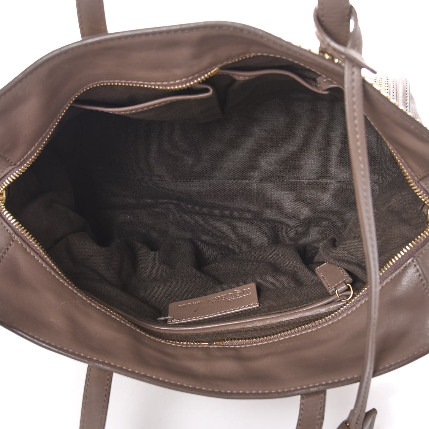 Calfskin Small Studded Padlock Zip Around Tote Taupe