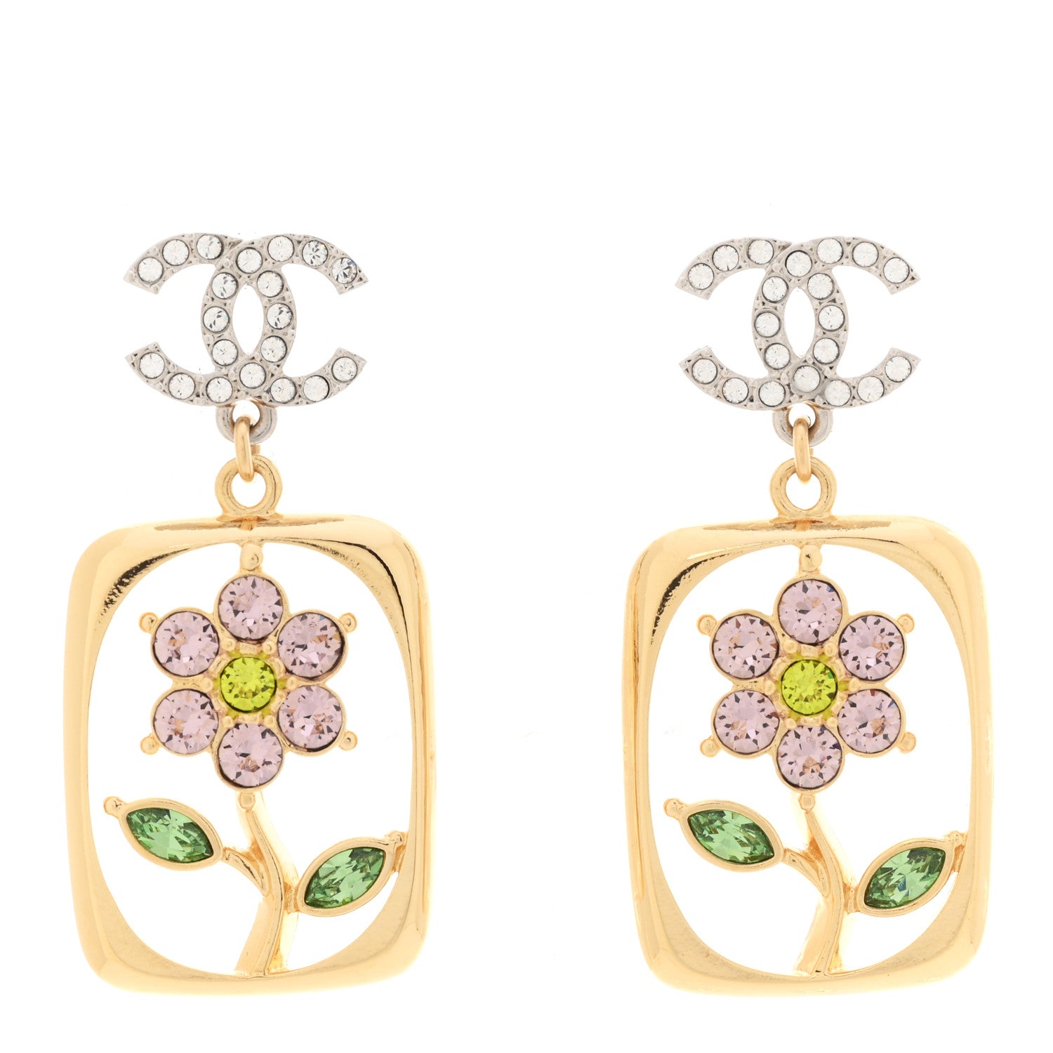Chanel Crystal CC Flower Earrings Purple Green Gold Silver 1 of 4