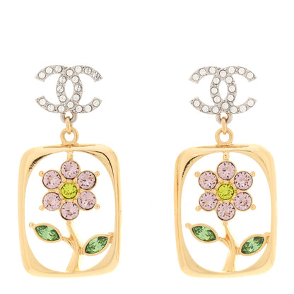Chanel Crystal CC Flower Earrings Purple Green Gold Silver 1 of 4