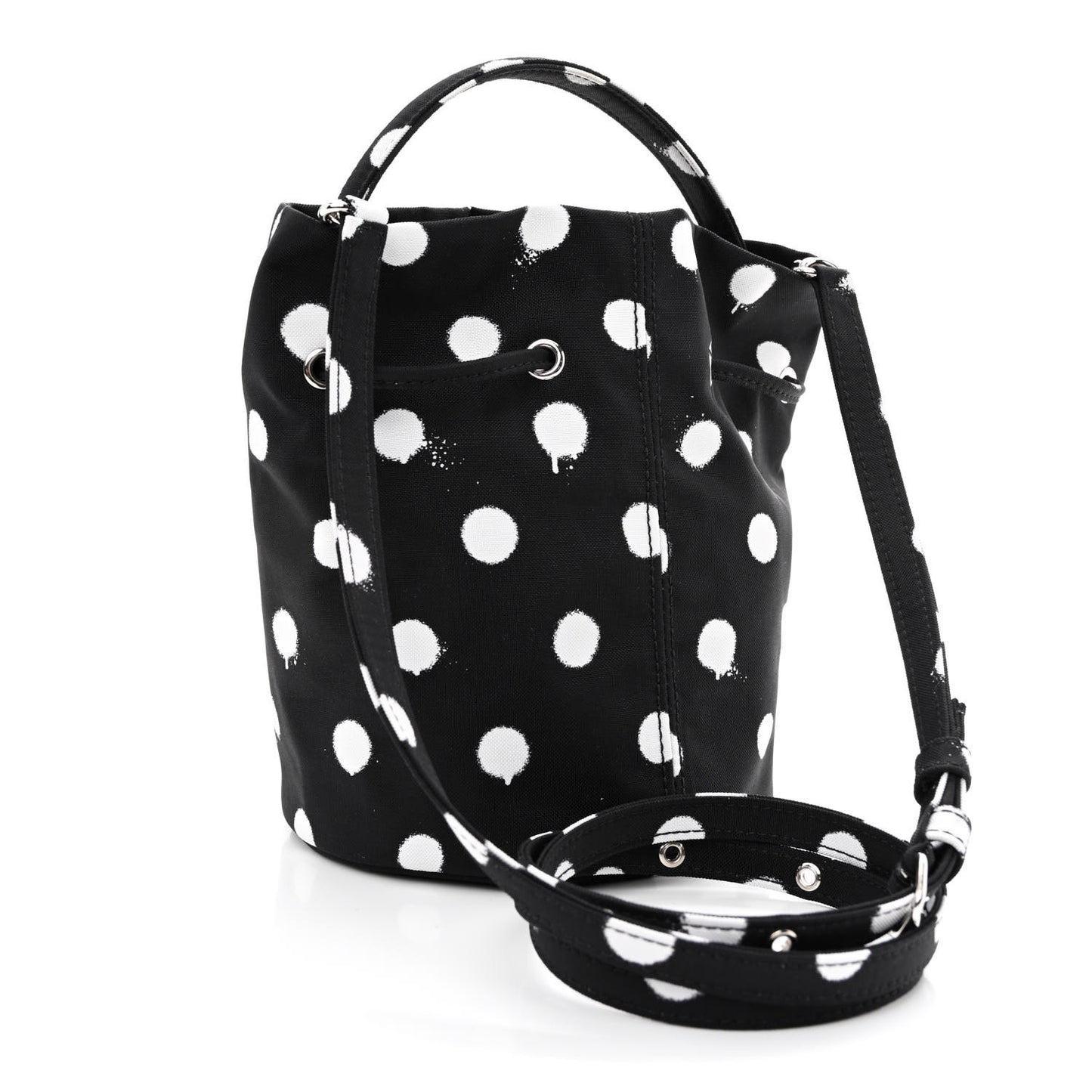 Recycled Sport Nylon Polka Dot Logo Embroidered Wheel Drawstring Bucket Bag Black White