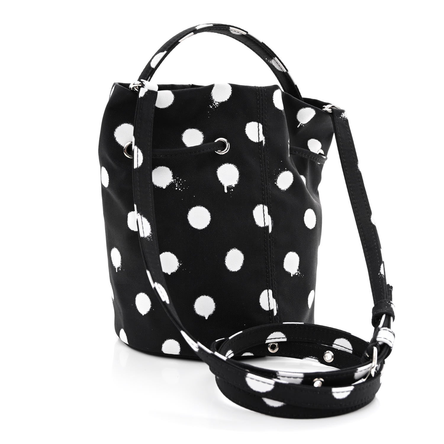 Balenciaga Recycled Sport Nylon Polka Dot Logo Embroidered Wheel Drawstring Bucket Bag Black White 3 of 10