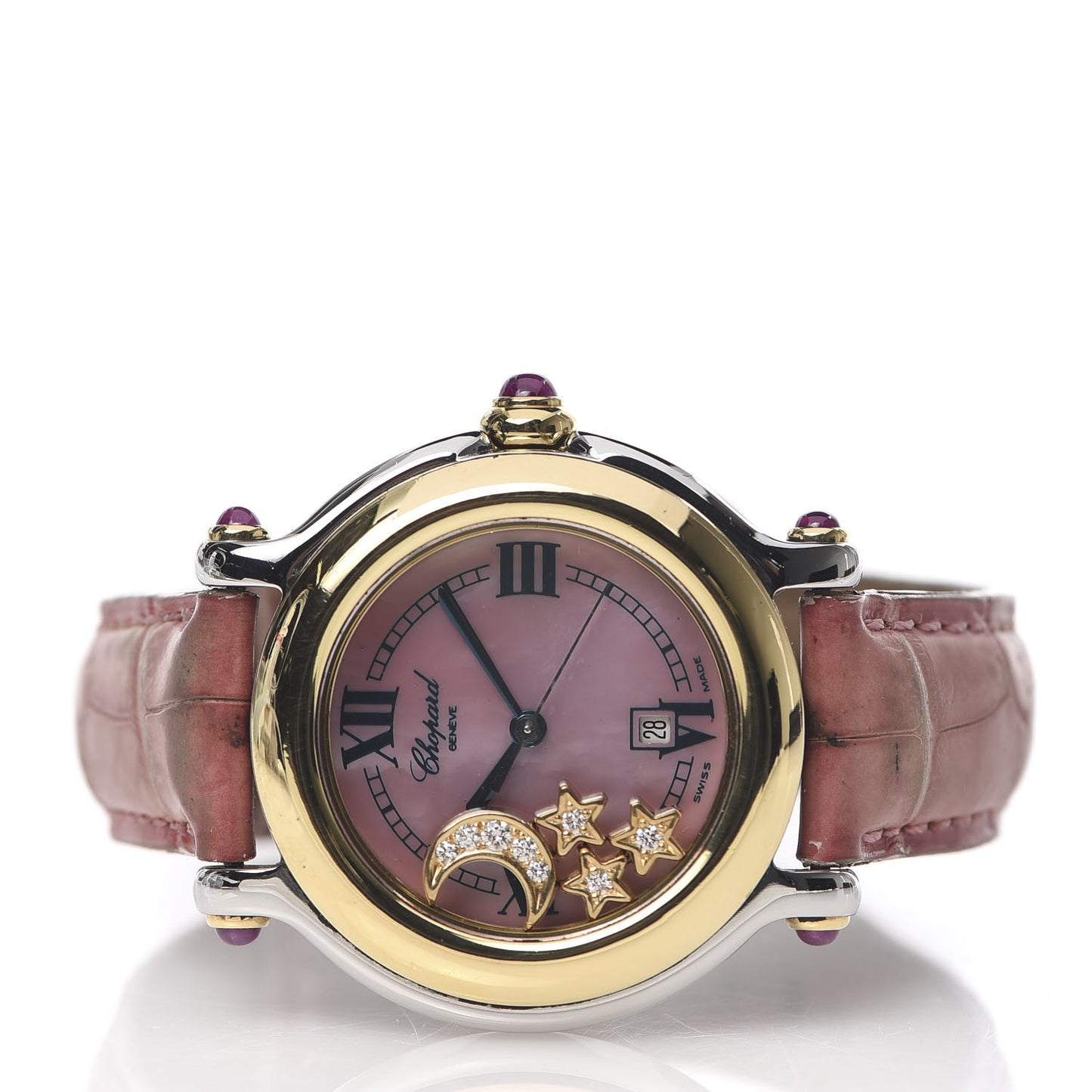 Stainless Steel 18K Yellow Gold Alligator Diamond Pink Mother of Pearl 33mm Happy Sport Moon Star Quartz Watch