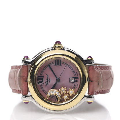 Chopard Stainless Steel 18K Yellow Gold Alligator Diamond Pink Mother of Pearl 33mm Happy Sport Moon Star Quartz Watch 3 of 9