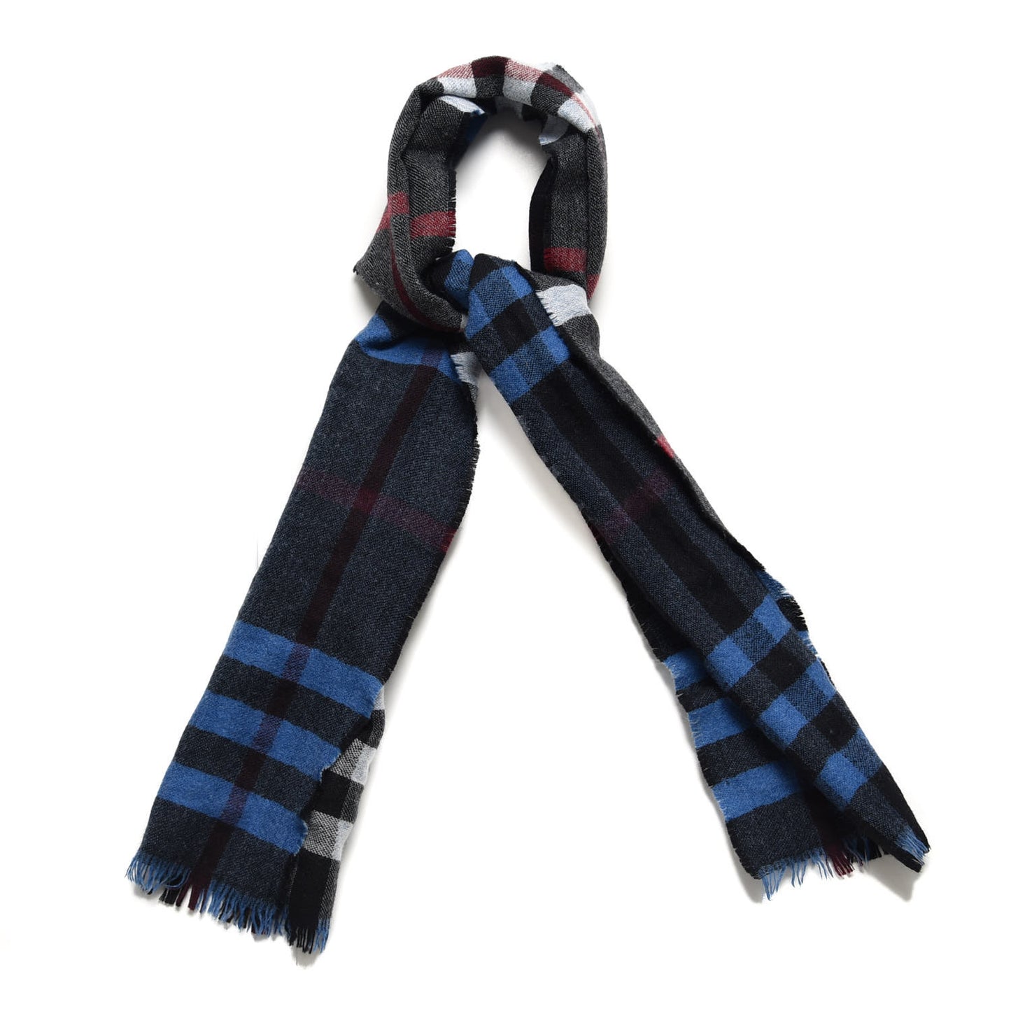 Wool Reversible Color Check Scarf Blue Stone