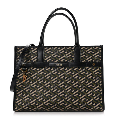 Versace Coated Canvas Calfskin La Greca Signature Tote Bag Black Khaki 1 of 9