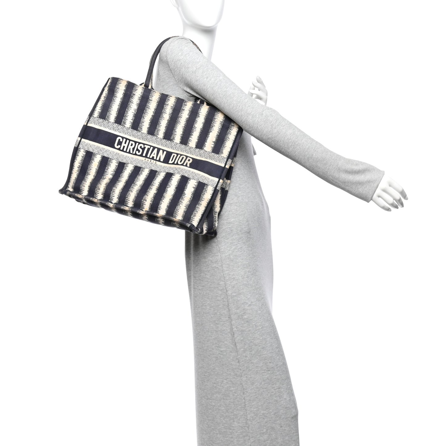 Canvas Embroidered Large Striped Book Tote Navy