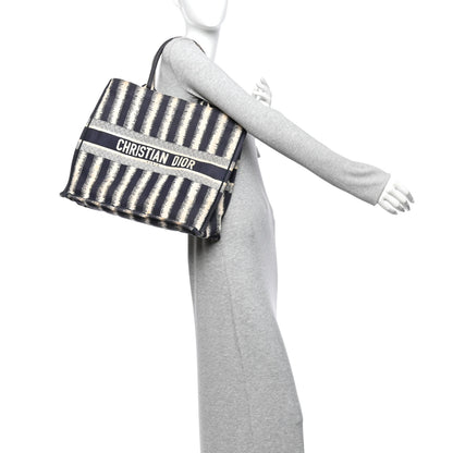 Christian Dior Canvas Embroidered Large Striped Book Tote Navy 2 of 14