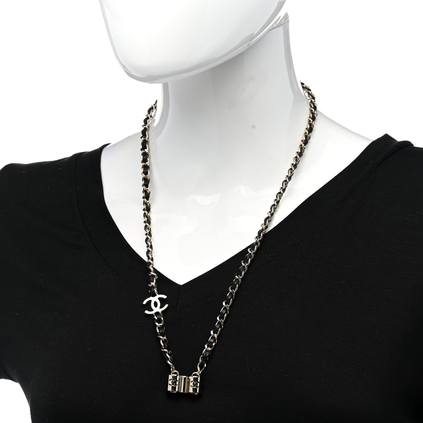 Metal Lambskin CC AirPods Necklace Gold Black