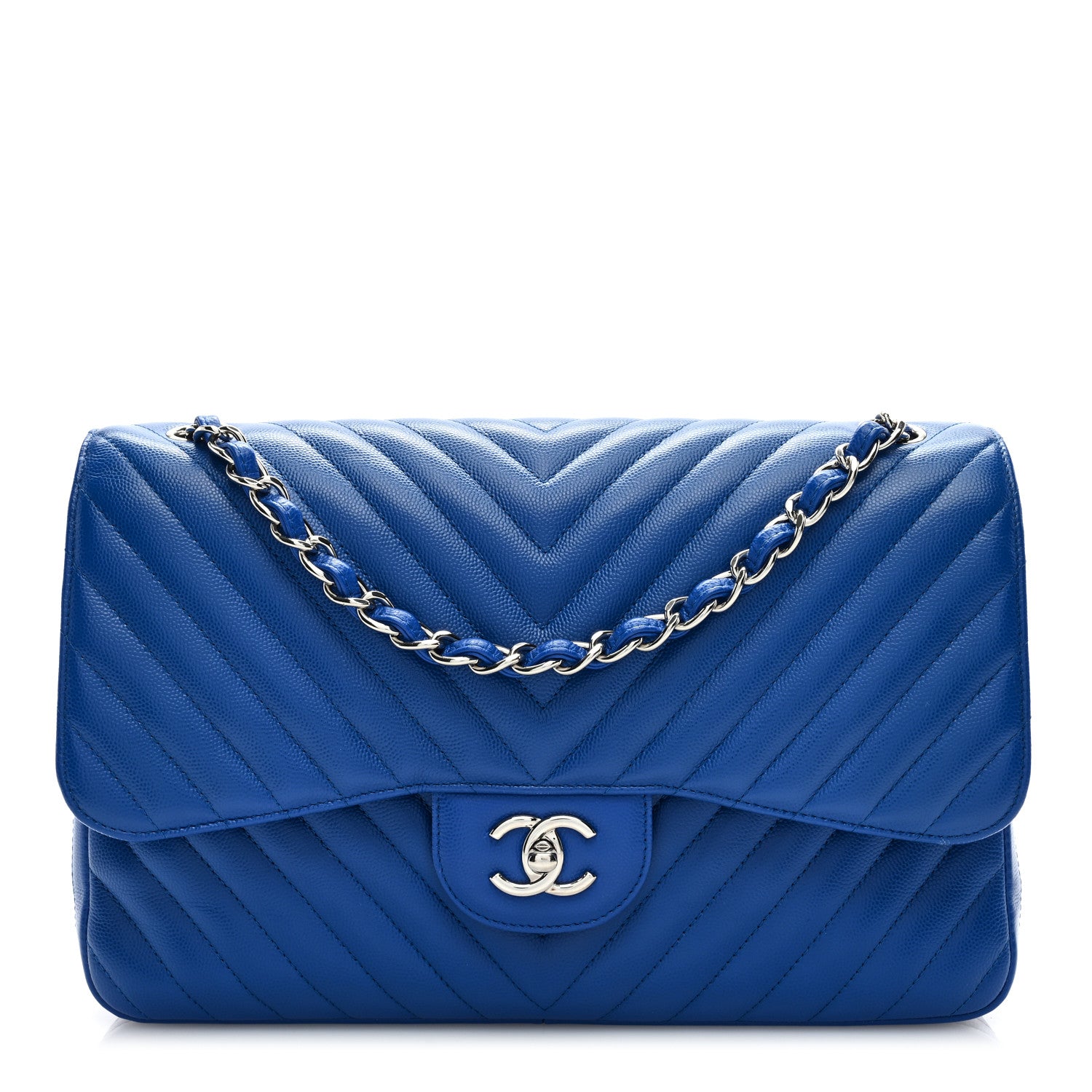 Chanel Caviar Chevron Quilted Jumbo Double Flap Blue 1 of 9