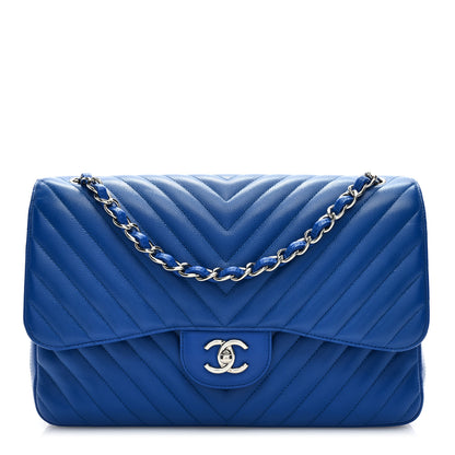 Chanel Caviar Chevron Quilted Jumbo Double Flap Blue 1 of 9