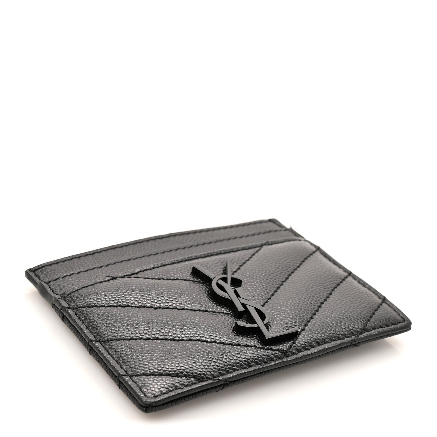 Saint Laurent Grain De Poudre Matelasse Chevron Monochrome Monogram Credit Card Case Black 4 of 8