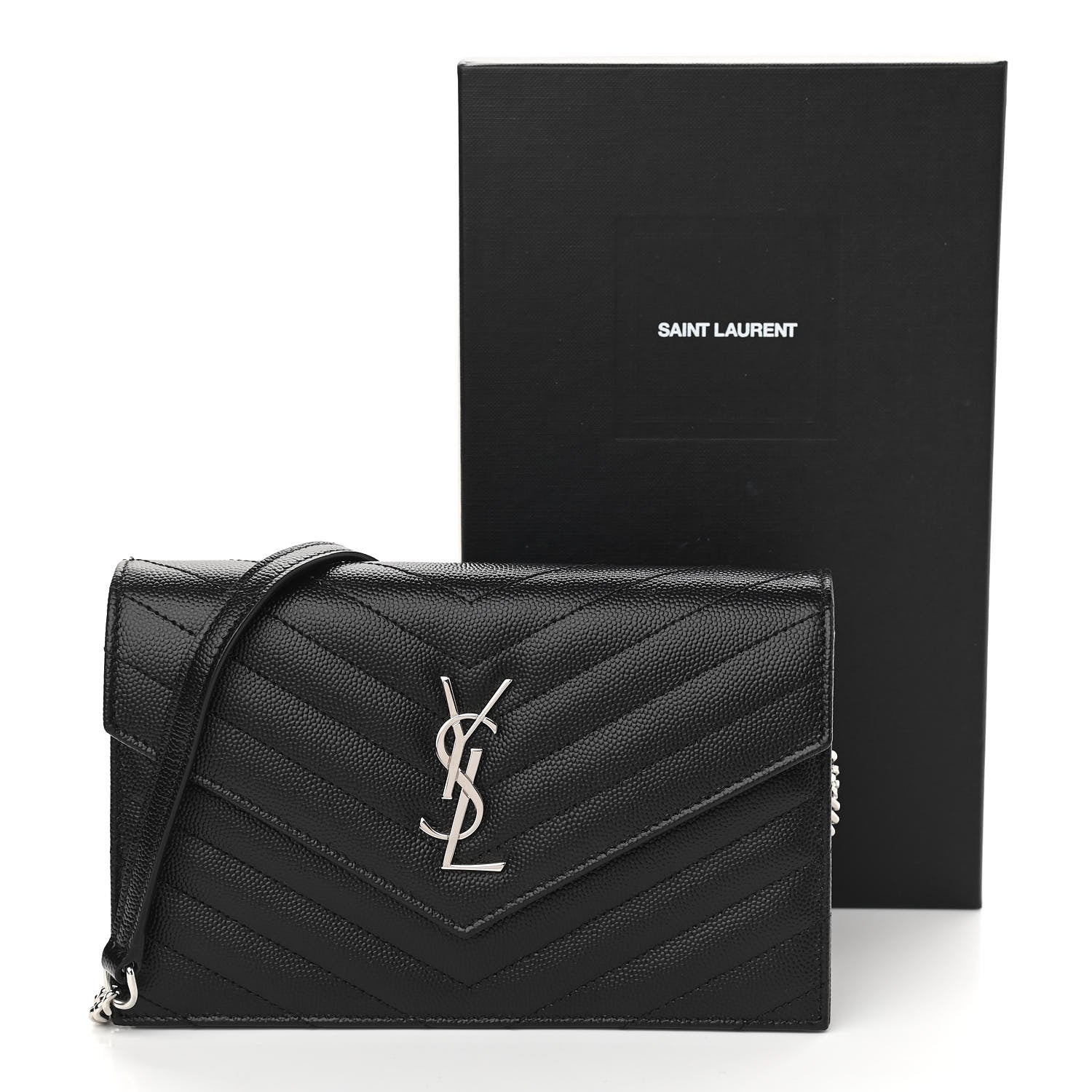 Saint Laurent Grain De Poudre Matelasse Chevron Monogram Envelope Chain Wallet Black 9 of 9