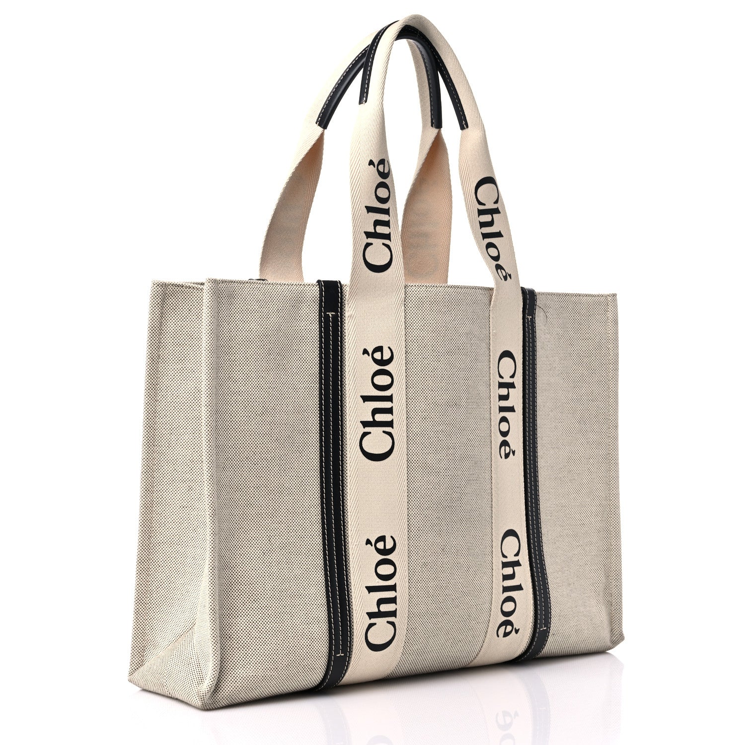 Chloe Cotton Calfskin Large Woody Ribbon Tote White Black 3 of 15