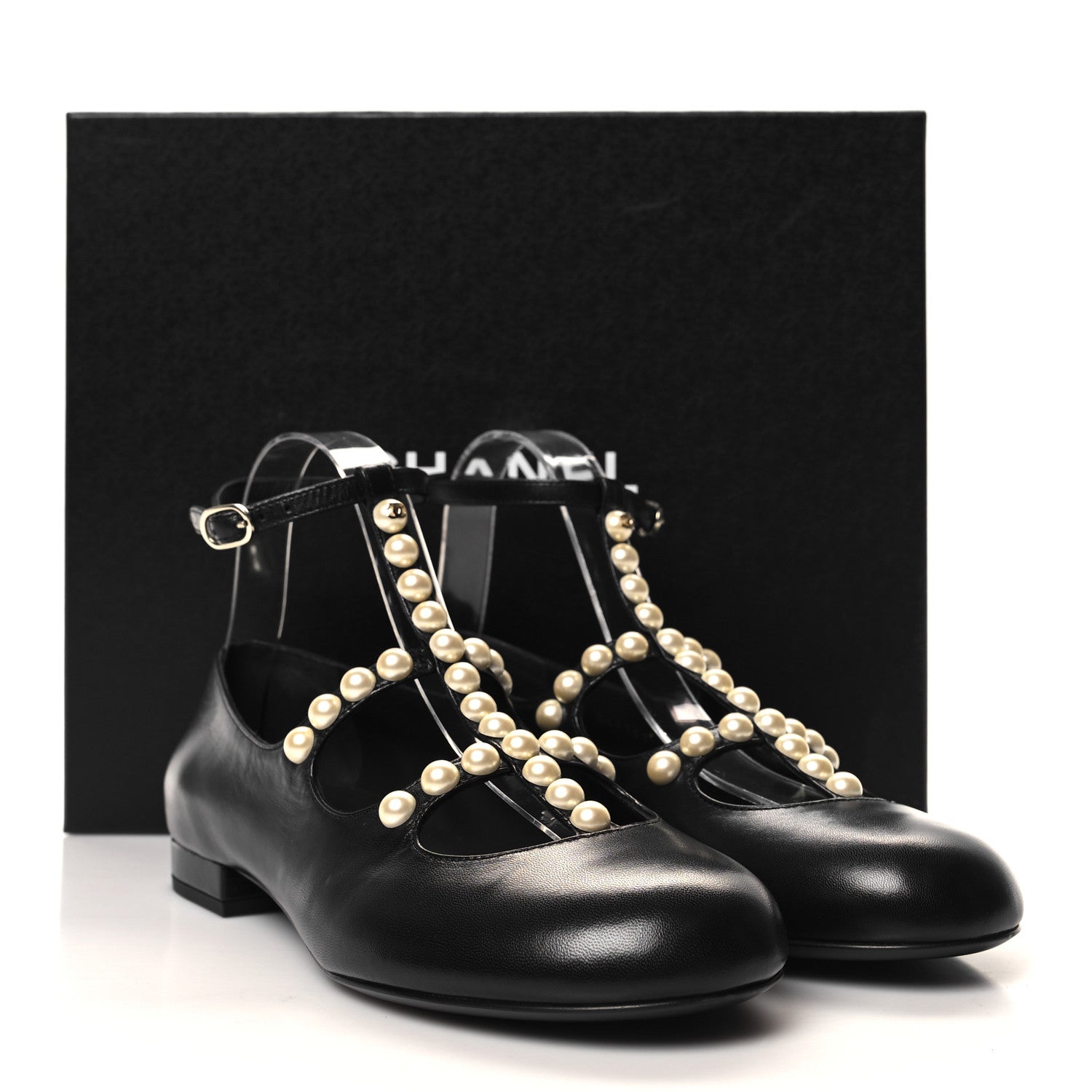 Chanel Goatskin Pearl Mary Jane Flats 38.5 Black 9 of 9