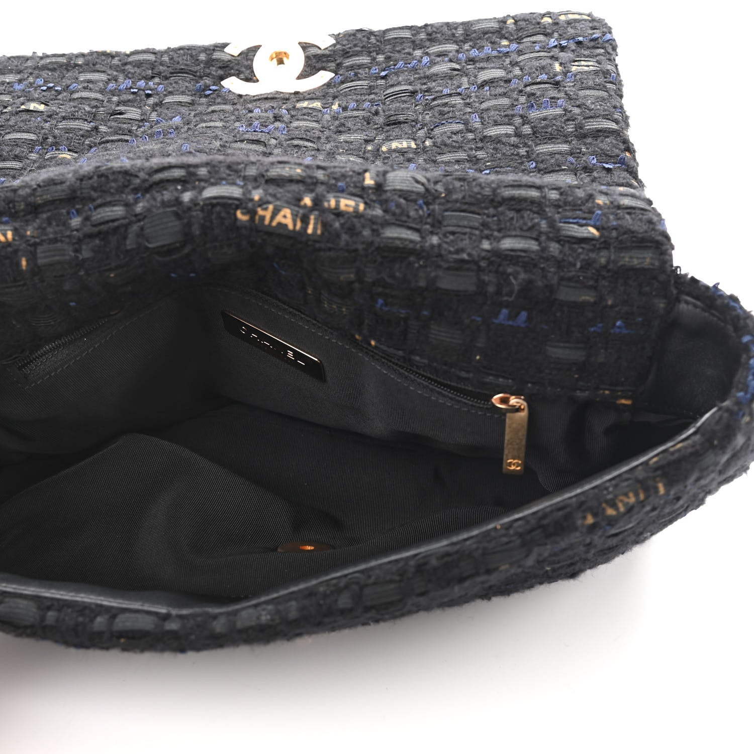 Chanel Tweed Quilted Large Chanel 19 Flap Black Navy Gold 5 of 9