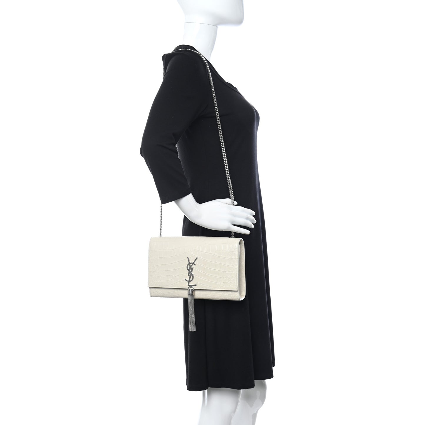 Calfskin Crocodile Embossed Small Classic Monogram Kate Tassel Satchel Crema Soft