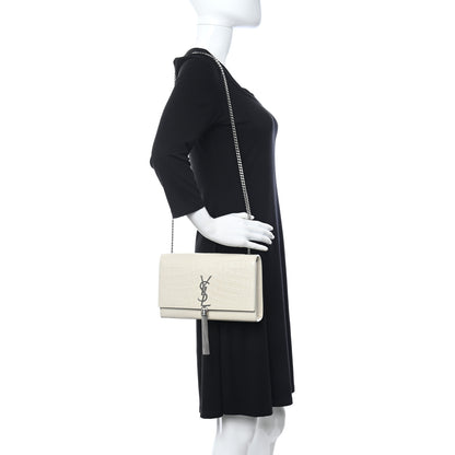 Saint Laurent Calfskin Crocodile Embossed Small Classic Monogram Kate Tassel Satchel Crema Soft 2 of 21