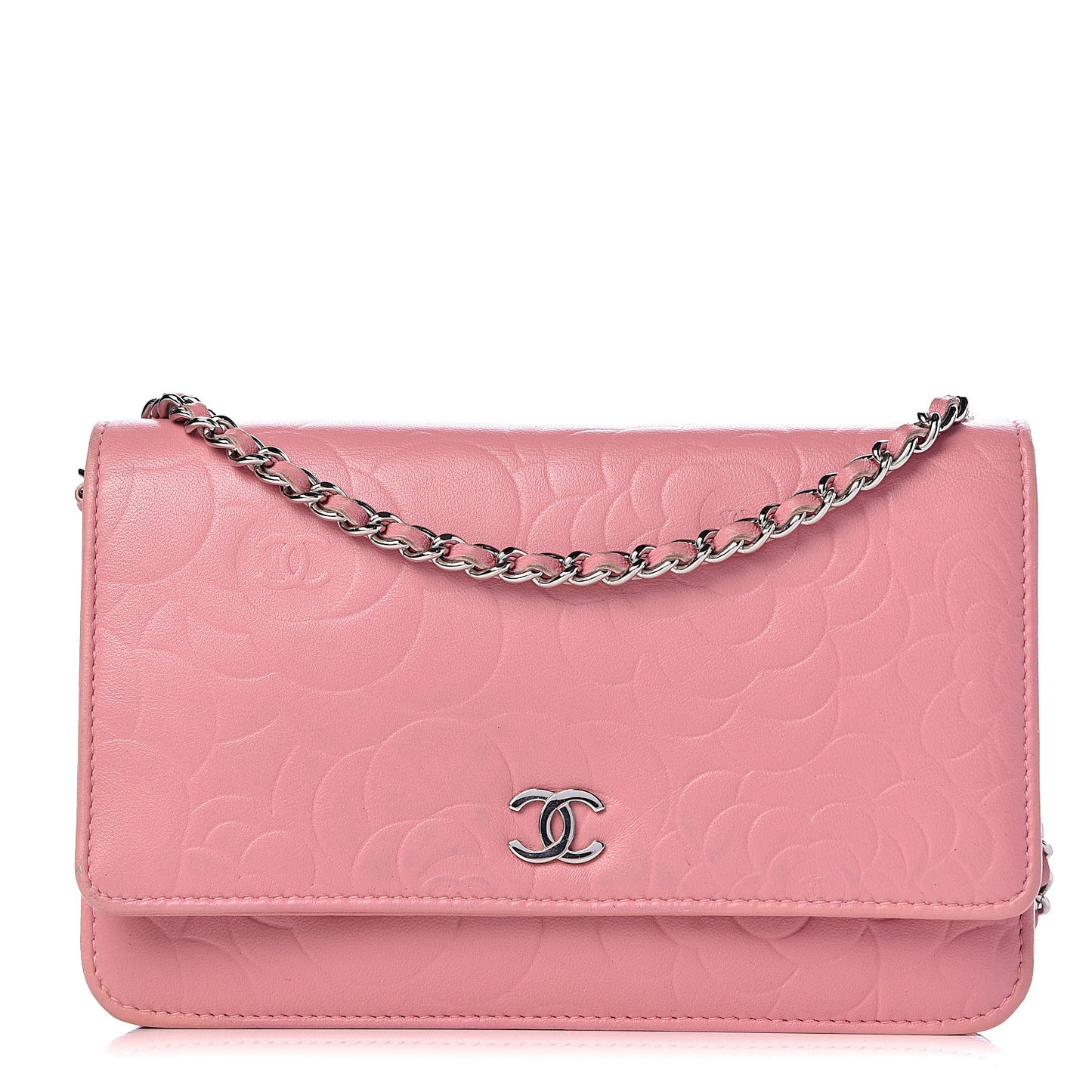 Lambskin Camellia Embossed Wallet On Chain WOC Pink