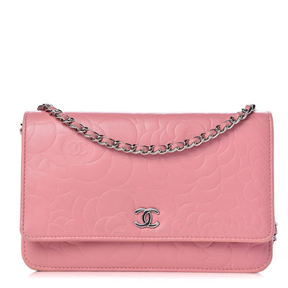 Chanel Lambskin Camellia Embossed Wallet On Chain WOC Pink 1 of 15