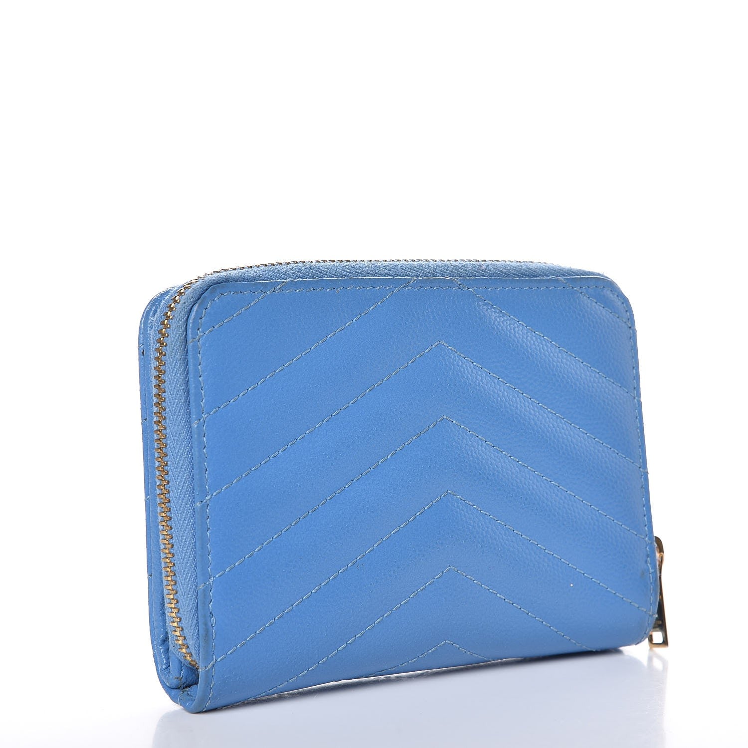 Saint Laurent Grain De Poudre Matelasse Chevron Monogram Compact Zip Around Wallet Blue Clair 3 of 8
