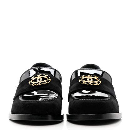 Chanel Patent Calfskin Suede Kidskin CC Mocassin Loafers 37 Black 2 of 14
