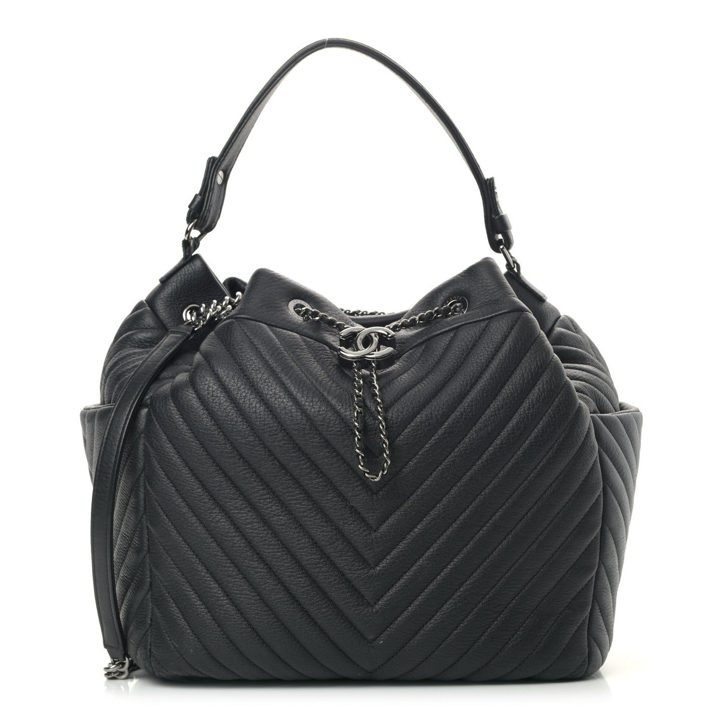 Deerskin Chevron Large CC Chain Bucket Drawstring Bag Black