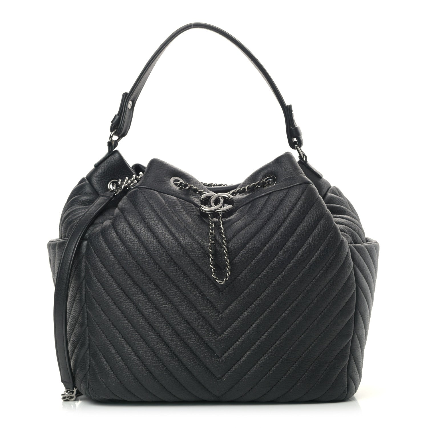 Chanel Deerskin Chevron Large CC Chain Bucket Drawstring Bag Black 2 of 11