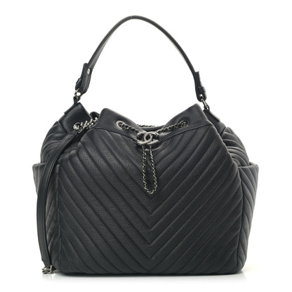 Chanel Deerskin Chevron Large CC Chain Bucket Drawstring Bag Black 2 of 11